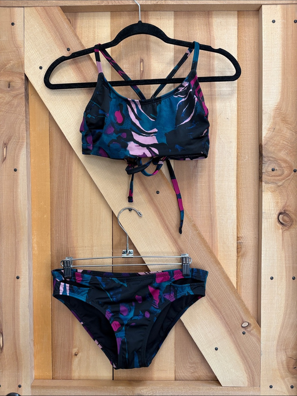 all in motion Black Teal Pink Abstract Print Bikini Set